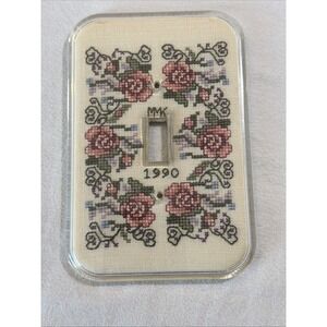 Vtg Finished Cross Stitch Single Toggle Light Switch Cover Floral Completed 1990